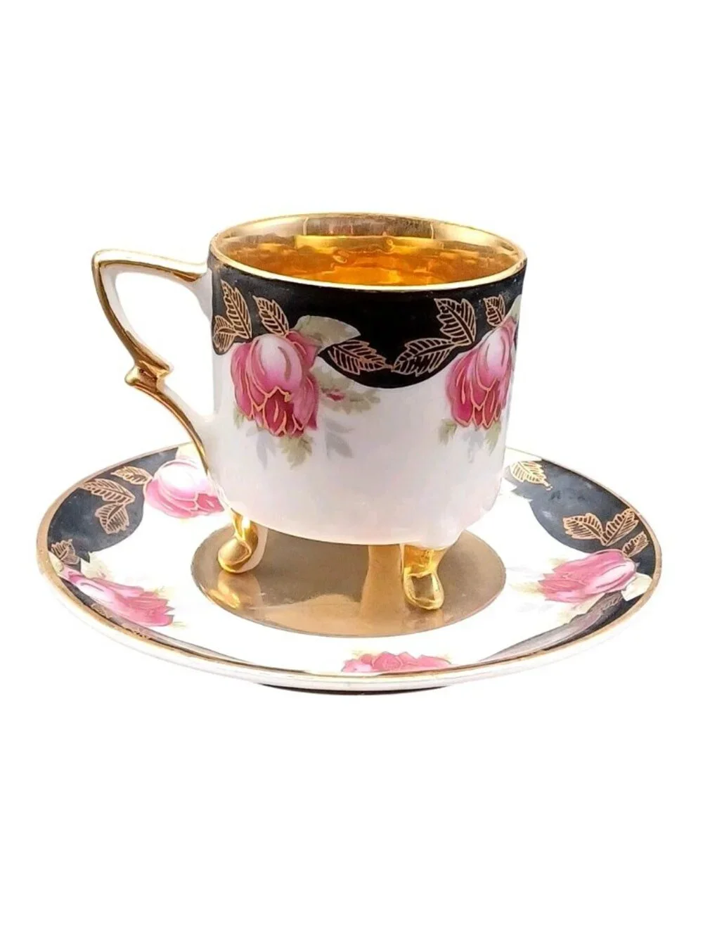 Vintage Lefton Footed Demitasse Cup Saucer #20515 Japan Gold Pink Roses Black